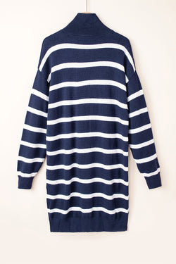 Brown Striped O-ring Zip Collared Loose Sweater Mini Dress