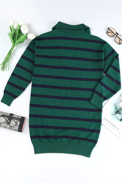 Brown Striped O-ring Zip Collared Loose Sweater Mini Dress