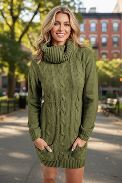 Olive Cowl Neck Cable Knit Sweater Dress