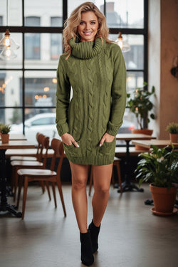 Olive Cowl Neck Cable Knit Sweater Dress