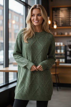 Coffee Cable Knit Drop Shoulder Loose Fit Sweater Dress