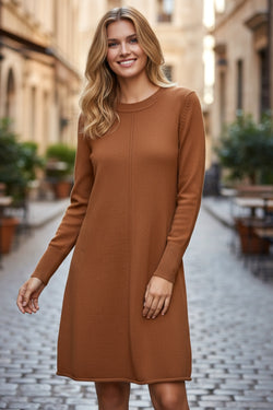 Straw Yellow Ribbed Detail Solid Color Mini Sweater Dress