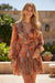 Orange Boho Paisley Print Long Sleeve Pleated Belted Mini Dress
