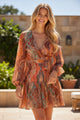 Orange Boho Paisley Imprime à manches longues à manches longues à plissée