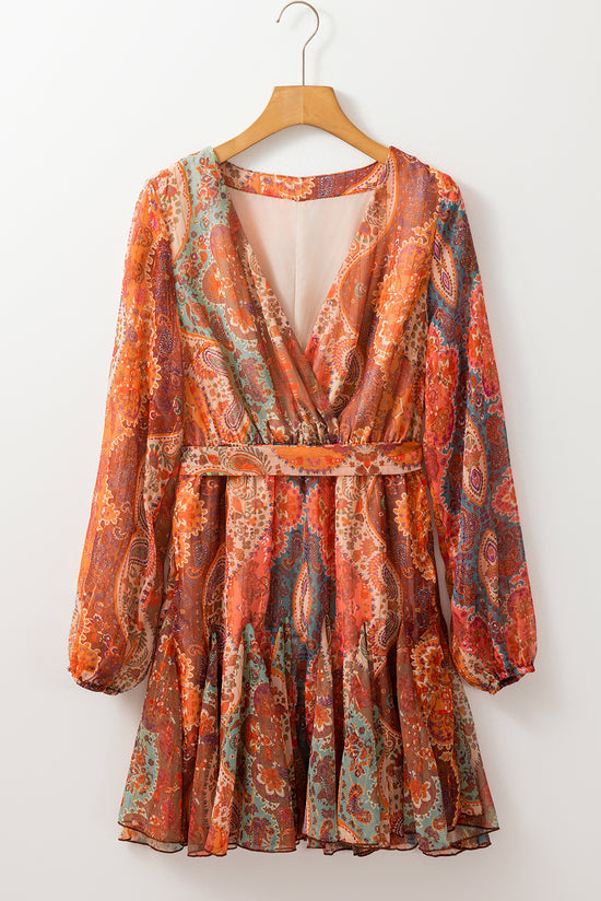 Orange Boho Paisley Imprime à manches longues à manches longues à plissée