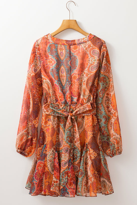 Orange Boho Paisley Imprime à manches longues à manches longues à plissée