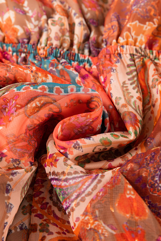 Orange Boho Paisley Imprime à manches longues à manches longues à plissée