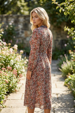 Imprimé floral marron fendu divisé à plusieurs niveaux Robe midi au cou de cou frillé