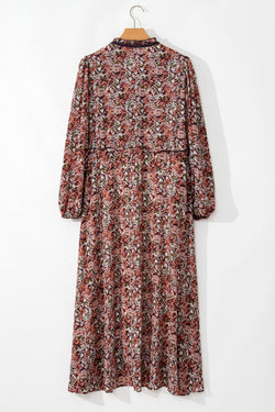 Imprimé floral marron fendu divisé à plusieurs niveaux Robe midi au cou de cou frillé