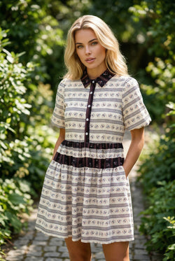 Boho Boho Floral Stripe Contraste Trim Bubble Sleeve Fared Robe