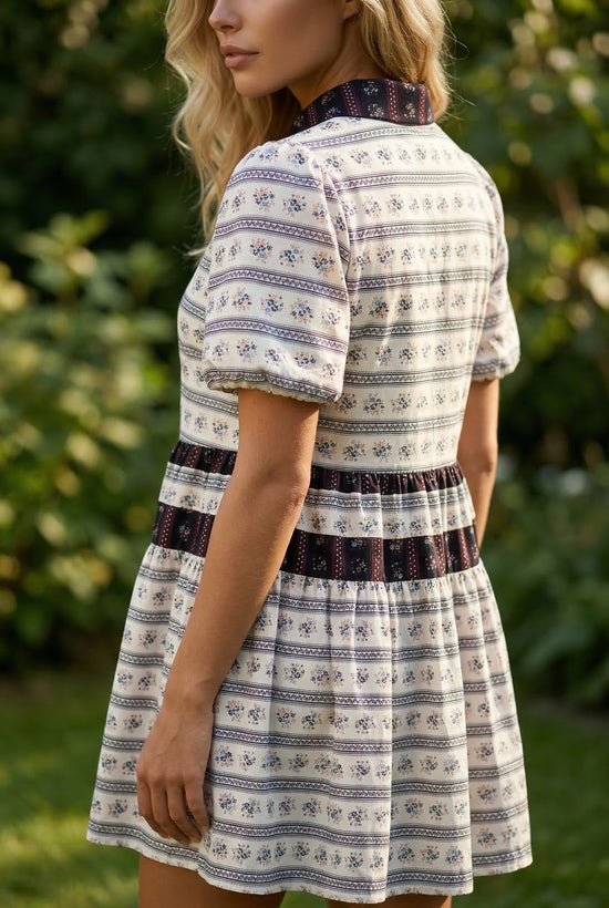 Vestido de manga de bolha listrada de contraste floral de boho preto