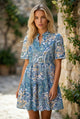 Blue Bohemian Paisley Floral V cou de cou à manches courtes