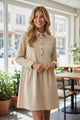 Oatmeal Corduroy Half Button Collared Long Sleeve Mini Dress
