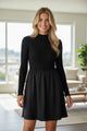 Black Frilled Neck Ribbed Knit Patchwork Long Sleeve Mini Dress