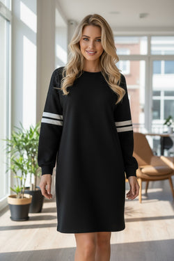 Fiery Red Varsity Contrast Banded Sleeve Shift Sweatshirt Dress