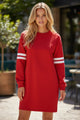 Fiery Red Varsity Contrast Banded Sleeve Shift Sweatshirt Dress