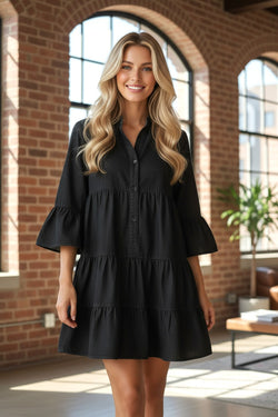 Chambray Ruffled 3/4 Sleeve Tiered Split V Neck Mini Dress