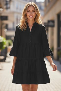 Chambray Ruffled 3/4 Sleeve Tiered Split V Neck Mini Dress