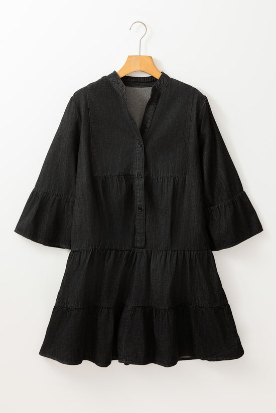 Chambray arruffato a 3/4 maniche a livello a V Mini abito