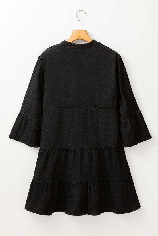Chambray arruffato a 3/4 maniche a livello a V Mini abito