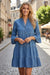 Chambray Ruffled 3/4 Sleeve Tiered Split V Neck Mini Dress