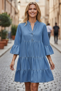 Chambray Ruffled 3/4 Sleeve Tiered Split V Neck Mini Dress
