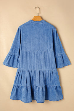 Chambray Ruffled 3/4 Sleeve Tiered Split V Neck Mini Dress