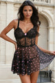 Black Sexy Heart Printed Lace Mesh Push Up Nightdress