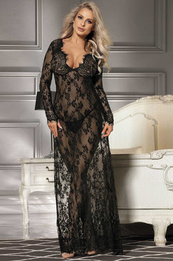 Sexy See-through V Neck Long Black Nightdress With Thong