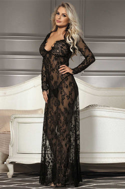 Sexy See-through V Neck Long Black Nightdress With Thong