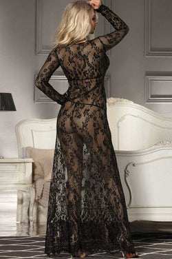 Sexy See-through V Neck Long Black Nightdress With Thong