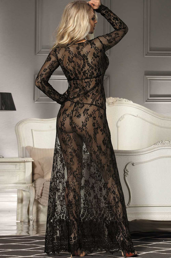 Sexy See-through V Neck Long Black Nightdress With Thong