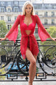 Sexy Long Sleeve Eyelash Lace Short Red Sleepwear With Thong