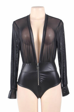 Black V Neck Zipper Leather Teddy