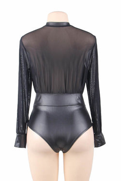 Black V Neck Zipper Leather Teddy