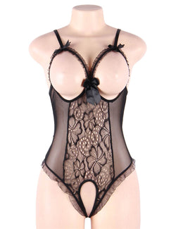 Black Open Cup Crotchless One-piece Teddy
