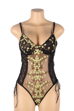 Fashion Embroidery Black Mesh Bodysuit With Underwire