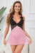V Neck Pink Lace Stitching Strap with Flower Babydoll