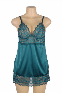 Green Lace Floral Back Closure with Hook and Eye Sexy Babydoll