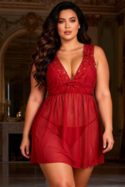 Burgundy Deep V-neck Mesh Sexy Babydoll