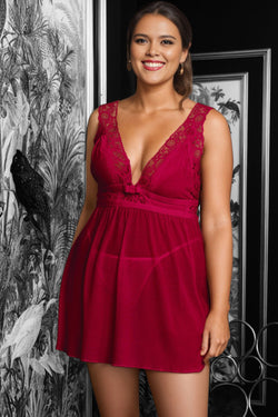 Burgundy Deep V-neck Mesh Sexy Babydoll