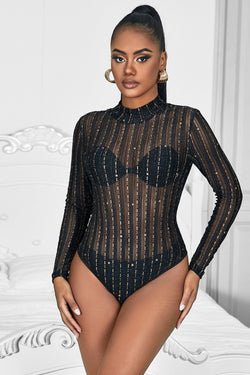 Black Long-Sleeved Bronzing Mesh See-Through Bodysuit