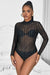 Black Long-Sleeved Bronzing Mesh See-Through Bodysuit