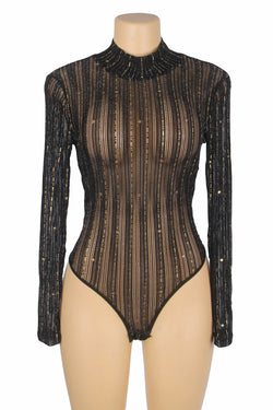Black Long-Sleeved Bronzing Mesh See-Through Bodysuit