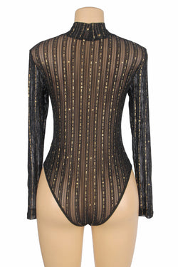 Black Long-Sleeved Bronzing Mesh See-Through Bodysuit
