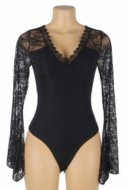 Black Eyelashes Lace Horn Sleeve Teddy