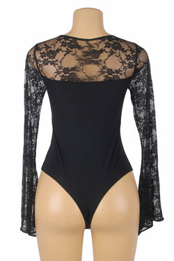 Black Eyelashes Lace Horn Sleeve Teddy