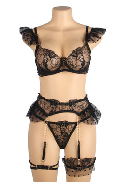 Black Sexy Lace Garter Bra Panty Set
