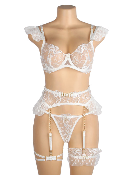 White Sexy Lace Garter Bra Panty Set
