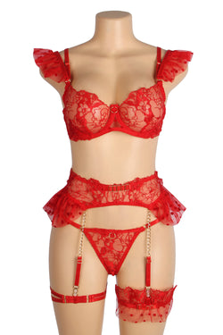 Red Sexy Lace Garter Bra Panty Set